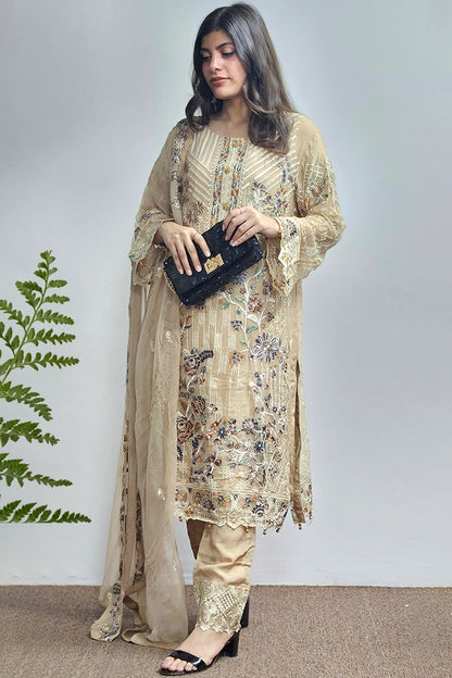 Sand Color Salwar Kameez With Embroidered Dupatta