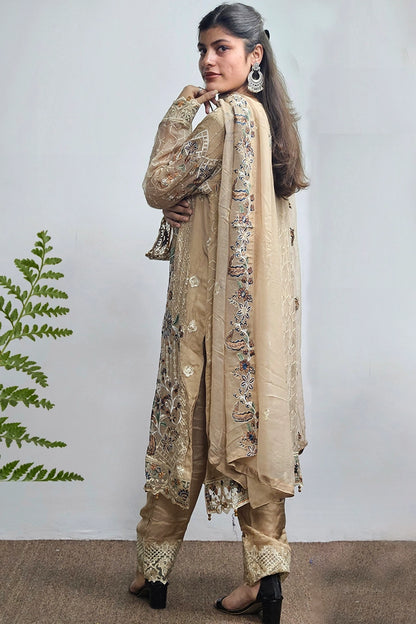 Sand Color Salwar Kameez With Embroidered Dupatta