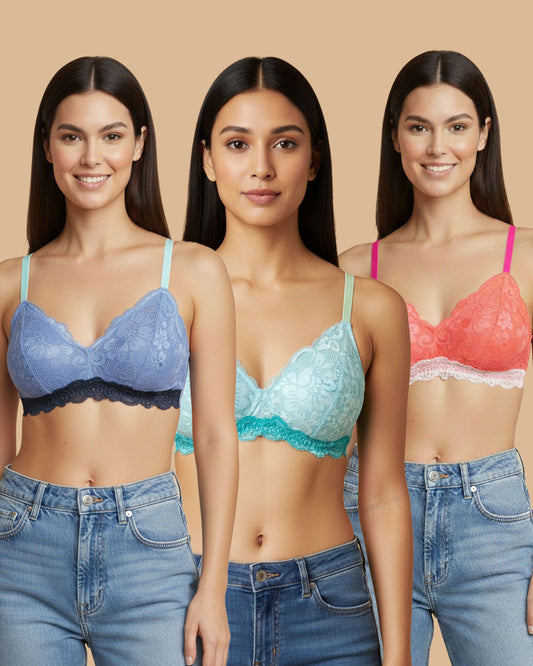 Women’s Lace Non Padded Bra – Pack of 3 Blue, Orange, Sky Blue