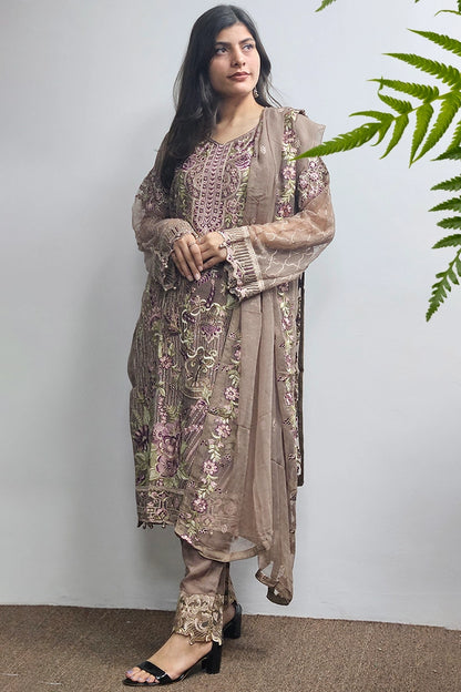 Brown Georgette Suit With Embroidered Dupatta