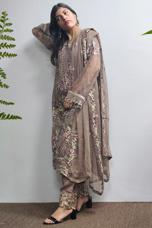 Brown Georgette Suit With Embroidered Dupatta