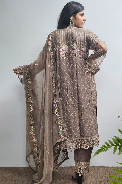 Brown Georgette Suit With Embroidered Dupatta