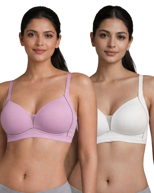 Pack of 2 Women Lightly Padded Wire Free Polyester Purple White Comfort Bra
