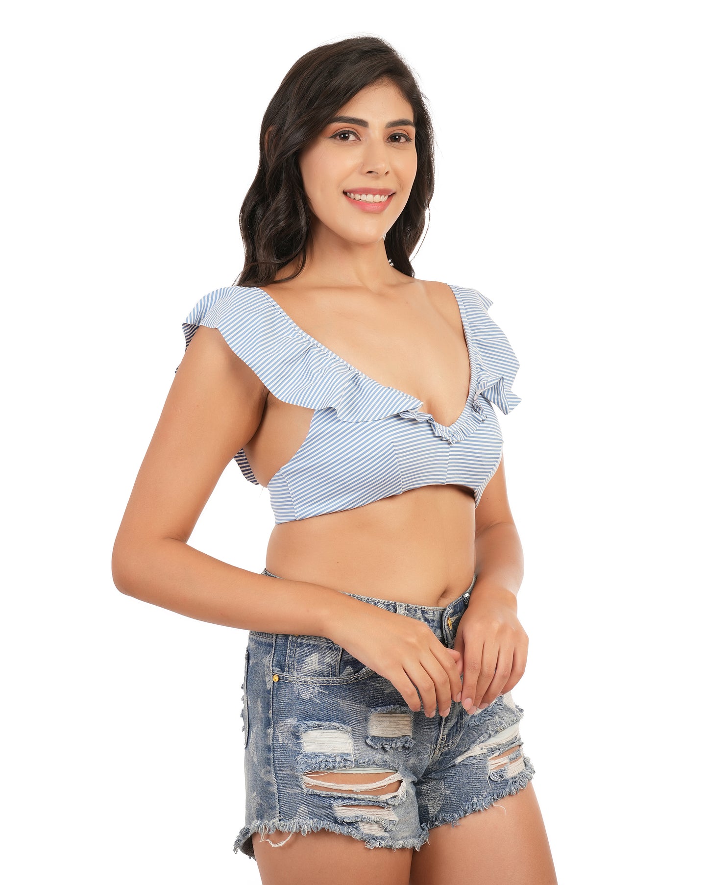 blue striped ruffle tops