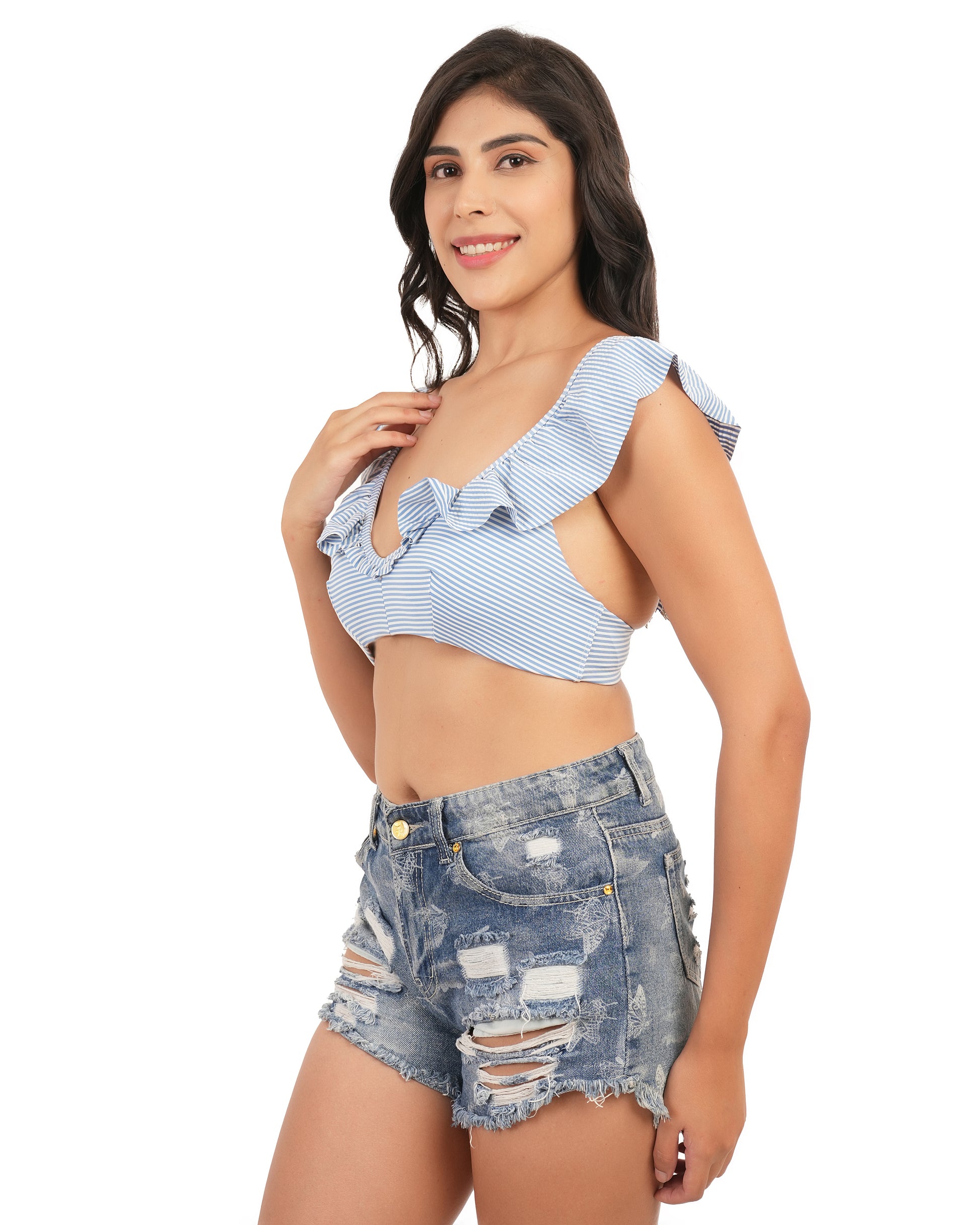 blue ruffled top
