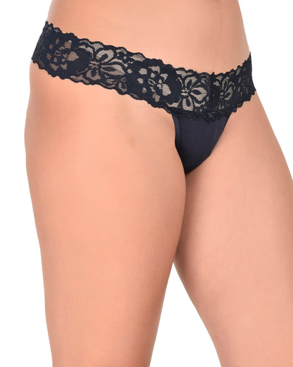 Women's Lace Low Rise Thong Panty (Navy Blue)