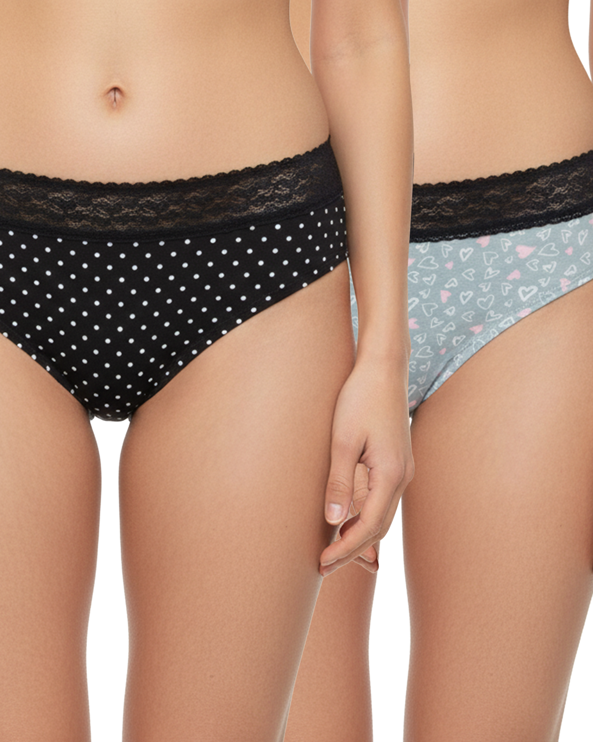 Polka dot and heart print mid-rise panties with black lace for women