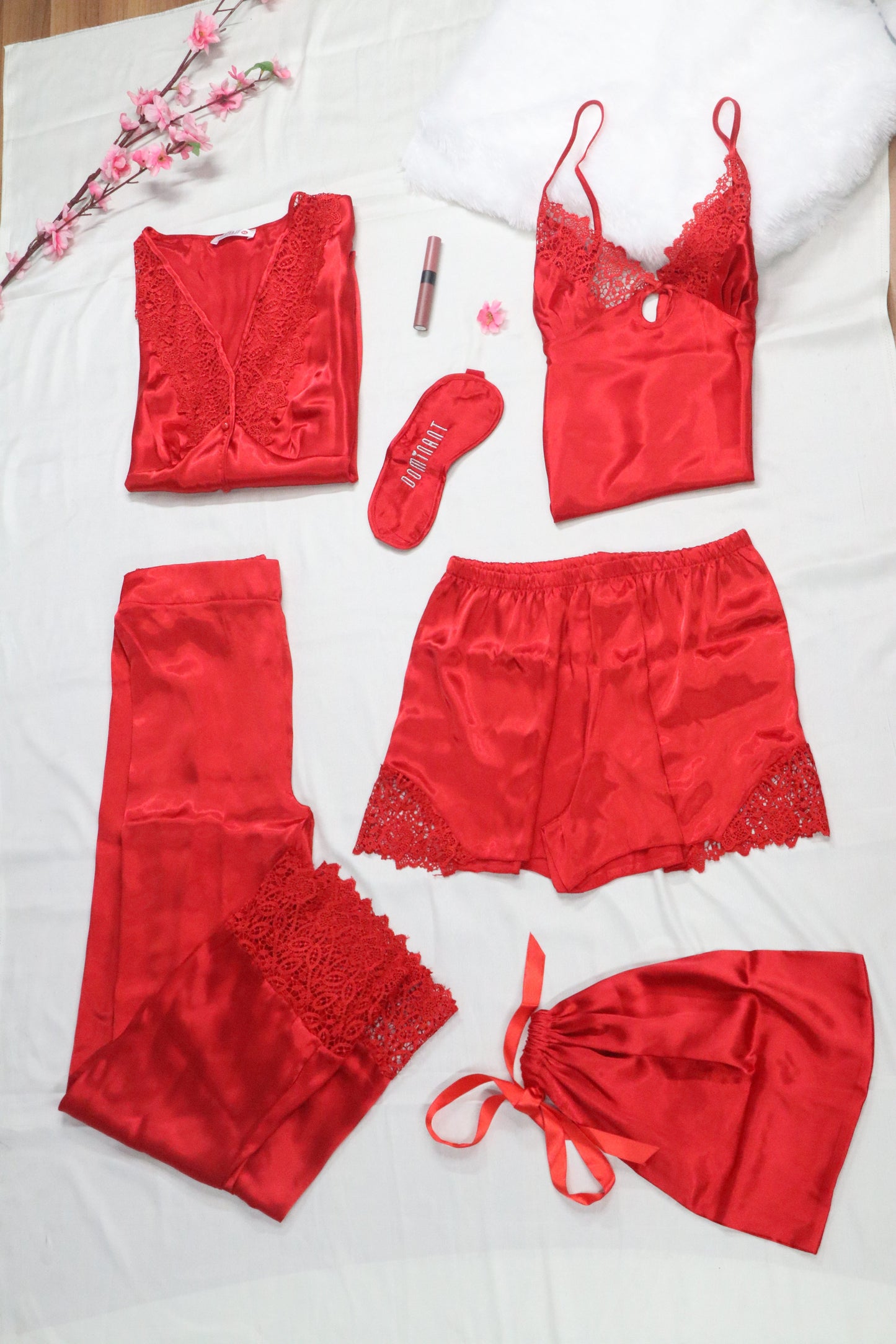 Women Lace 6 Pieces Night Gown Set Red