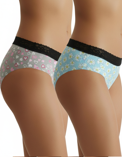 Pack of 2 Sheluxe Women’s Mid-Rise Panty Combo – Light Blue Floral & Grey Heart Print with Black Lace Panties