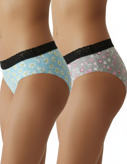 Pack of 2 Sheluxe Women’s Mid-Rise Panty Combo – Light Blue Floral & Grey Heart Print with Black Lace Panties