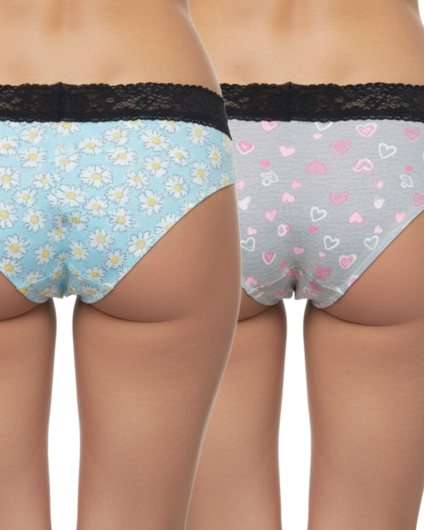 Pack of 2 Sheluxe Women’s Mid-Rise Panty Combo – Light Blue Floral & Grey Heart Print with Black Lace Panties