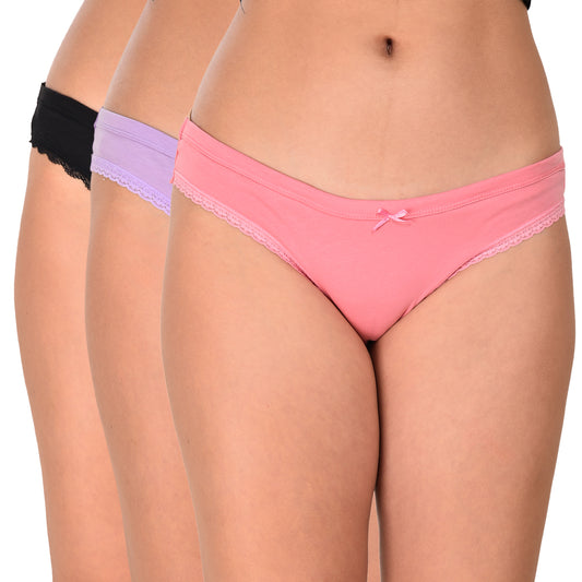 Pack of 3 Pink Black Purple Women’s Cotton Bikini Panties for Daily Comfort