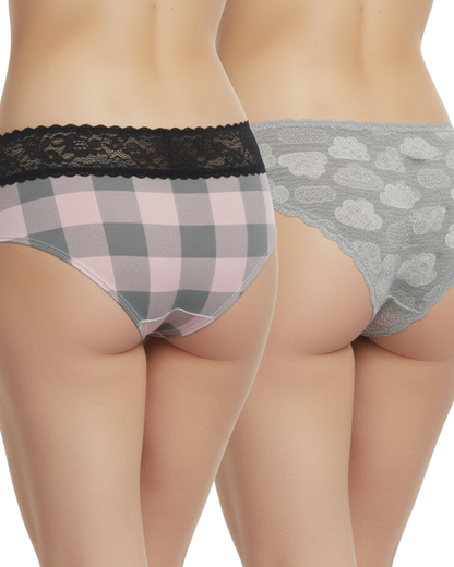 Pack of 2 Pink Checkered and Grey Lace Polyester Mid-Rise Panties for Women