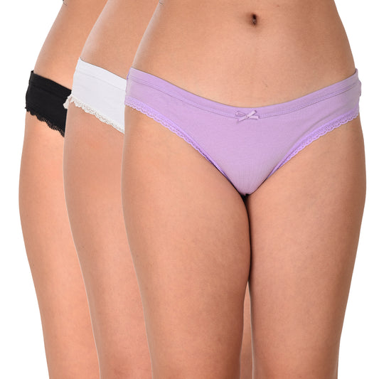 Three pairs of underwear in black, white, and purple