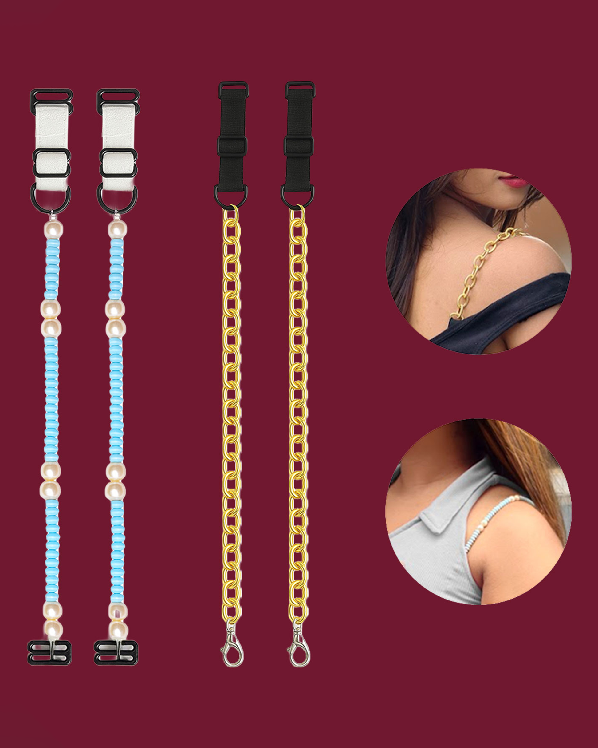 Women’s Adjustable Bra Straps – Pack of 2 (Blue Pearl & Golden Chain)