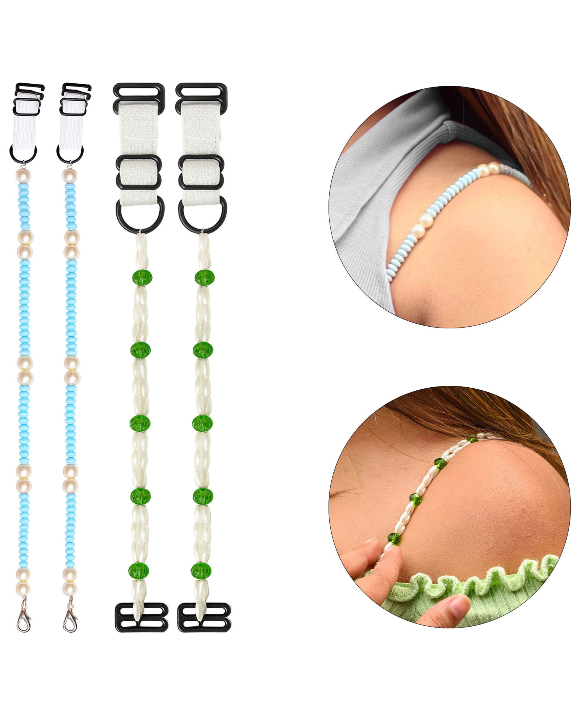 Women’s Adjustable Bra Straps – Pack of 2 (Blue Pearl & Green Beads)