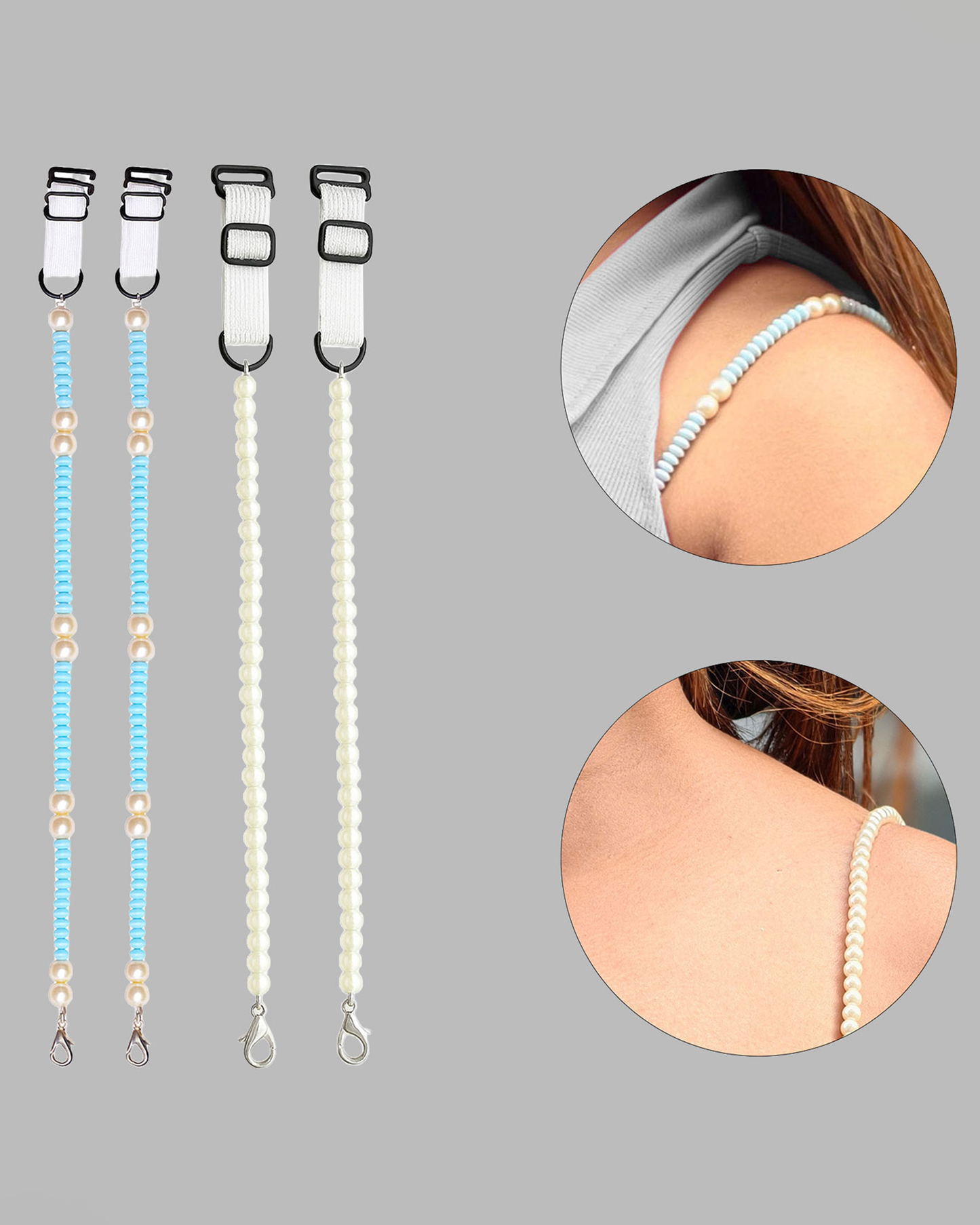 Women’s Adjustable Bra Straps – Pack of 2 (Blue Pearl & White Beads)