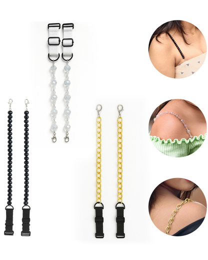 Pack of 3 Adjustable Bra Straps for Women with Black, Crystal and Gold Chain Designs