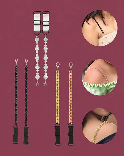 Pack of 3 Adjustable Bra Straps for Women with Black, Crystal and Gold Chain Designs