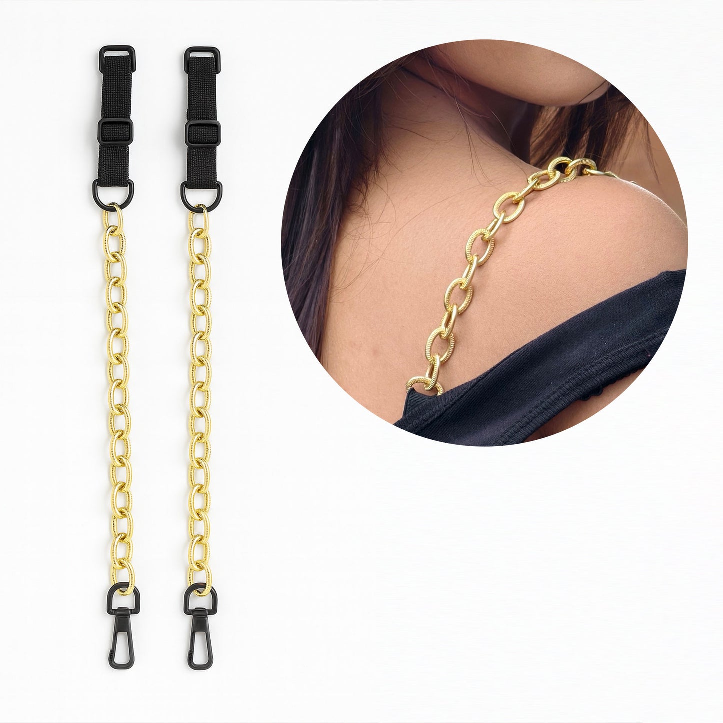 Pack of 3 Adjustable Bra Straps for Women with Black, Crystal and Gold Chain Designs