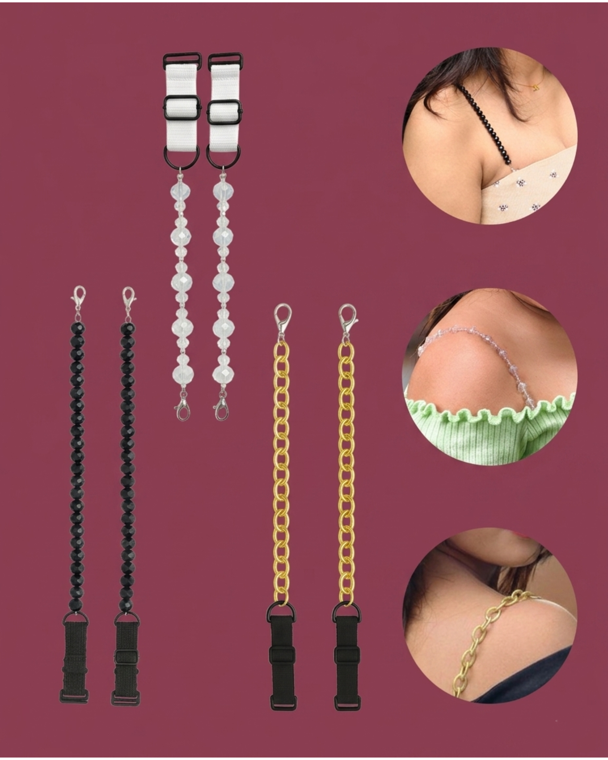 Pack of 3 Adjustable Bra Straps for Women with Black, Crystal and Gold Chain Designs