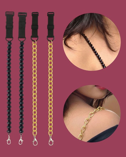 Women’s Adjustable Replacement Bra Straps – Black Beaded & Gold Chain Set