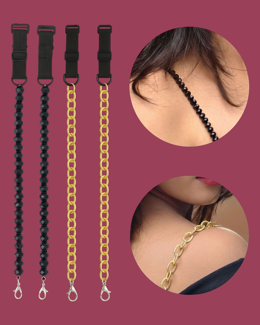 Women’s Adjustable Replacement Bra Straps – Black Beaded & Gold Chain Set