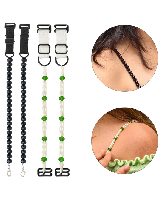 Pack of 2 Adjustable Bra Straps for Women – Black Beads & White Pearl Green Design