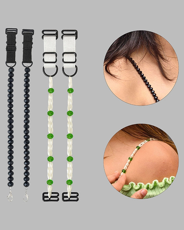 Pack of 2 Adjustable Bra Straps for Women – Black Beads & White Pearl Green Design