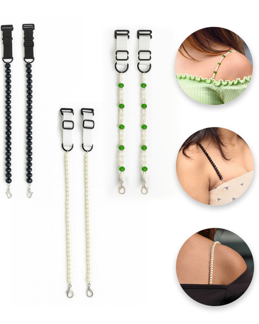 Pack of 3 Bra Straps in Black, White Pearl & Green Beads | Adjustable Straps