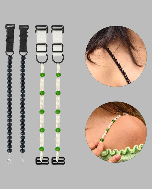 Pack of 2 Adjustable Bra Straps for Women – Black Beads & White Pearl Green Design