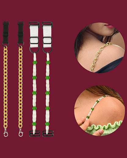 Pack of 2 Adjustable Beaded Bra Straps for Women – Gold & White Green