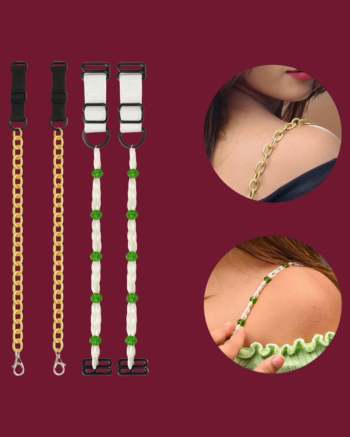 Pack of 2 Adjustable Beaded Bra Straps for Women – Gold & White Green