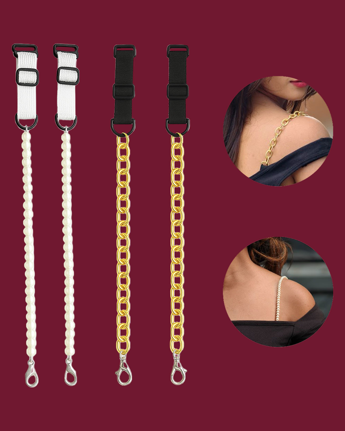 Adjustable Chain & Pearl Replacement Bra Straps for Women