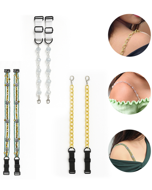 Pack of 3 Stylish Bra Straps in Crystal Clear, Gold & Multicolor | Detachable Straps