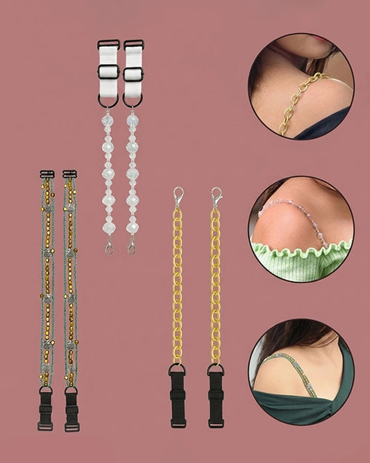 Pack of 3 Stylish Bra Straps in Crystal Clear, Gold & Multicolor | Detachable Straps