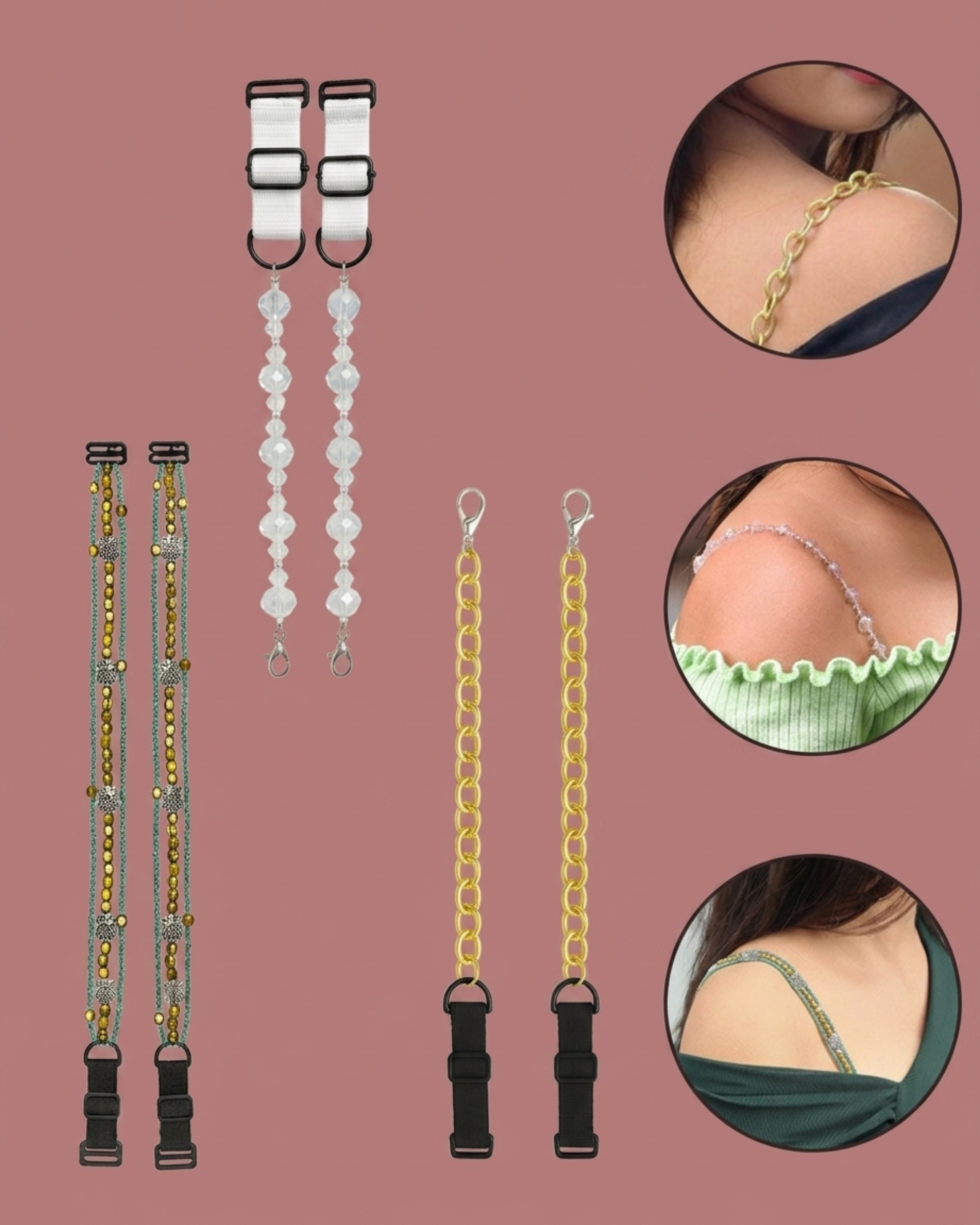 Pack of 3 Stylish Bra Straps in Crystal Clear, Gold & Multicolor | Detachable Straps