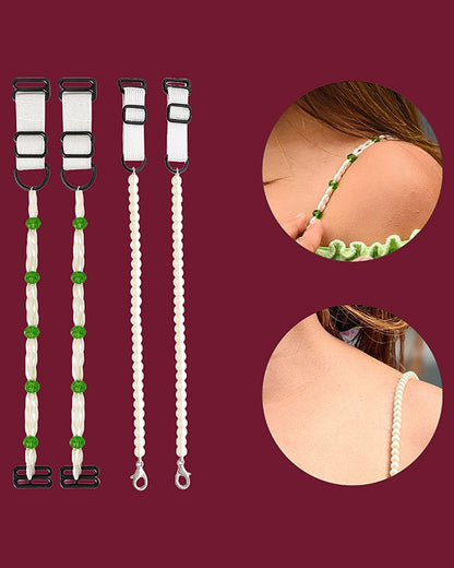 Elegant Pearl & Green Bead Adjustable Bra Straps for Women