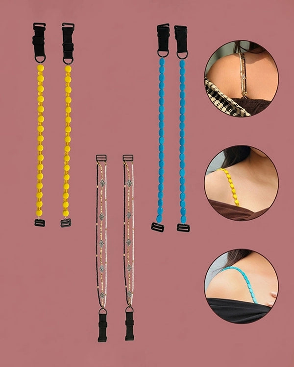 Pack of 3 Designer Bra Straps – Yellow Beads, Blue Beads & Black Chain | Premium Straps