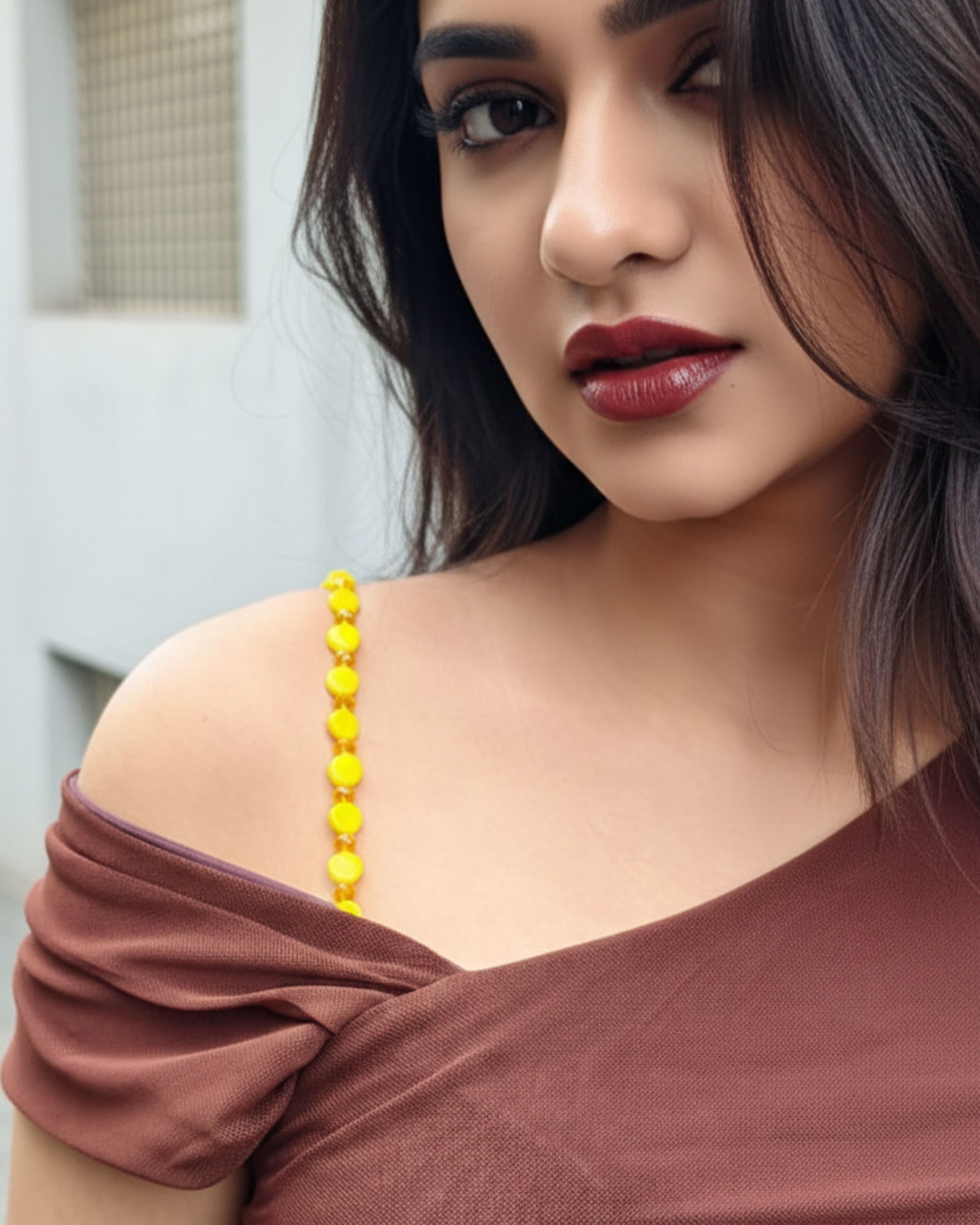 Yellow Beaded with Golden Pearl Bra Strap