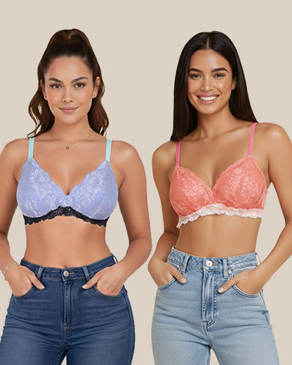 Women's Lace Non Padded Bralette Pack of 2 Blue & Orange