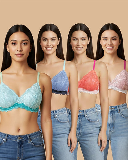 Women's Wire-Free Non Padded Floral Bras - Pack of 4 Multi-Color