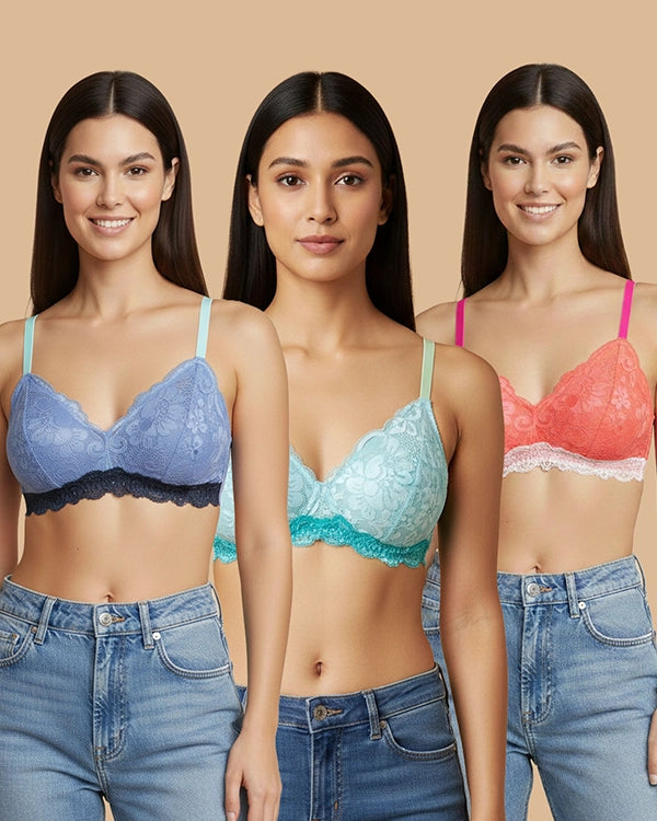 Women's Lace Non Padded Bra - Pack of 3 Blue, Orange, Sky Blue