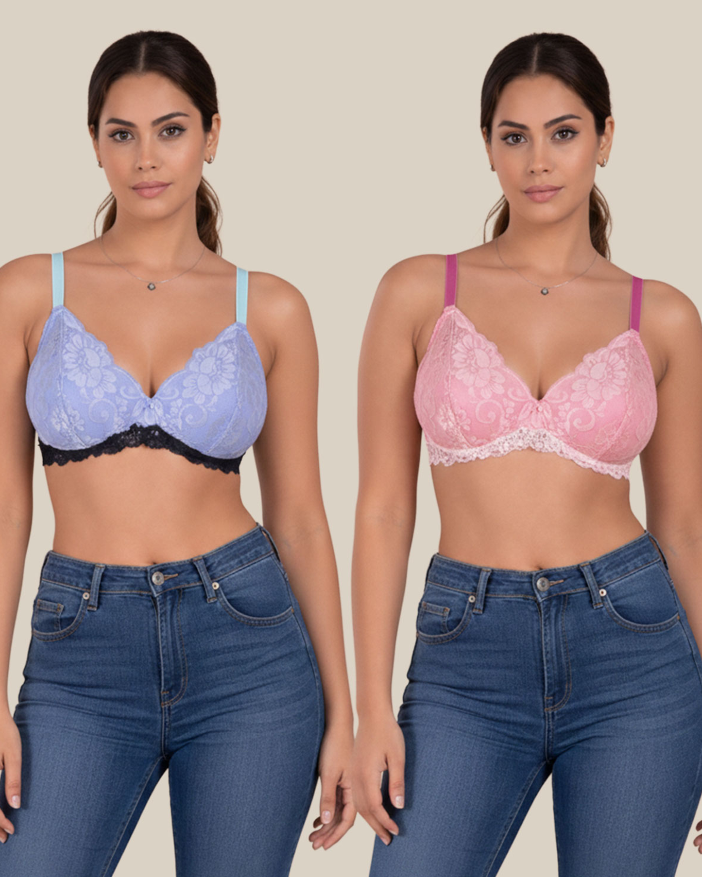 Women’s Non Padded Wire-Free Lace Bralette Set – Blue & Pink Pack of 2