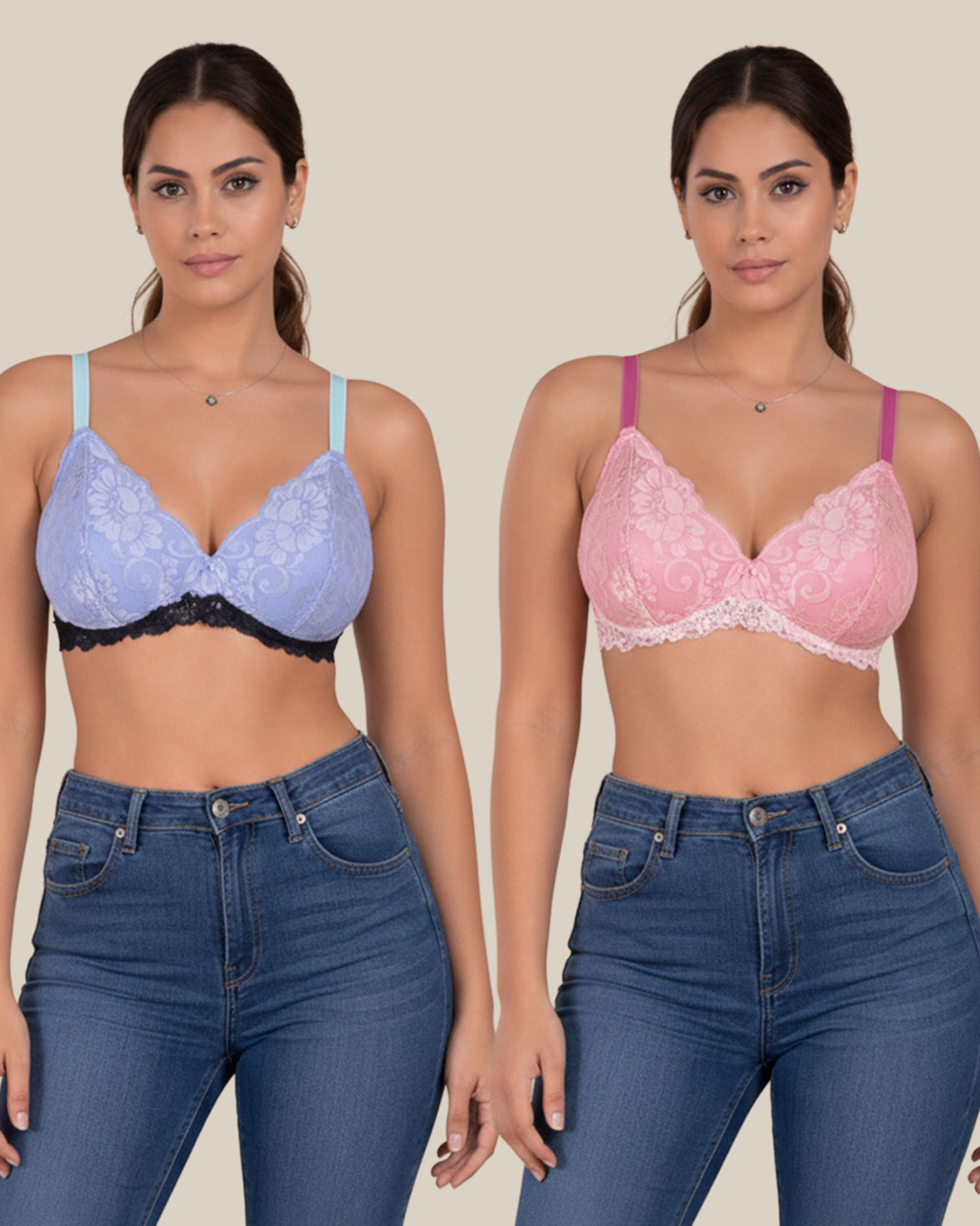 Women’s Non Padded Wire-Free Lace Bralette Set – Blue & Pink Pack of 2