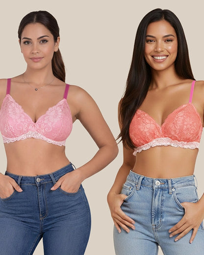 Pack of 2 Soft Lace Non Padded Everyday Bras - Pink & Orange