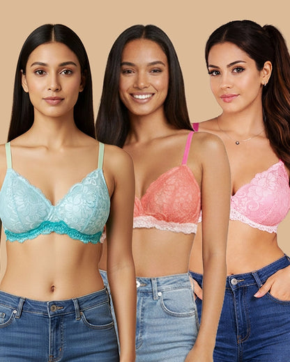 Non Padded Wire Free Lace Bra for Women - Pack of 3