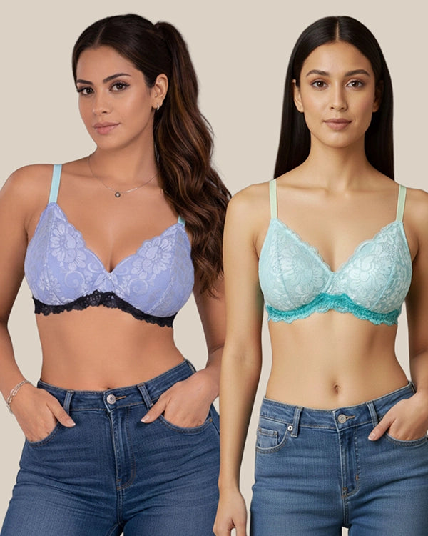 Women's Wire-Free Non Padded Lace Bra Set - Sky Blue & Blue