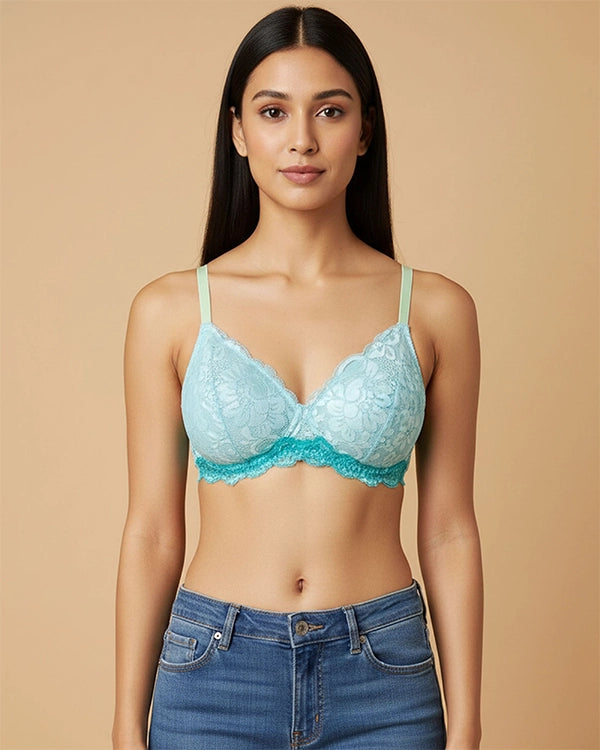 Women's Wire-Free Non Padded Lace Bra Set - Sky Blue & Blue