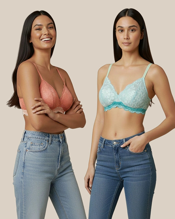 Women's Everyday Lace Bra Pack of 2 - Sky Blue & Orange